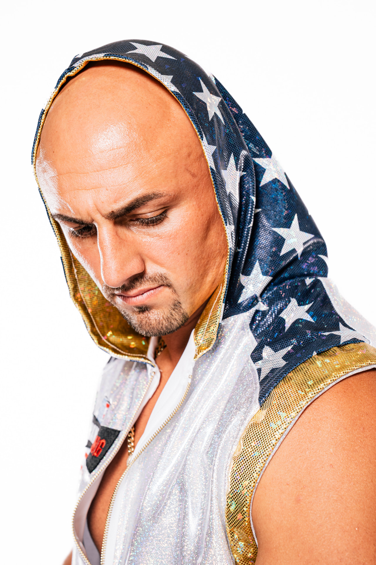 Johnny in his stars-and-stripes walkout hood
