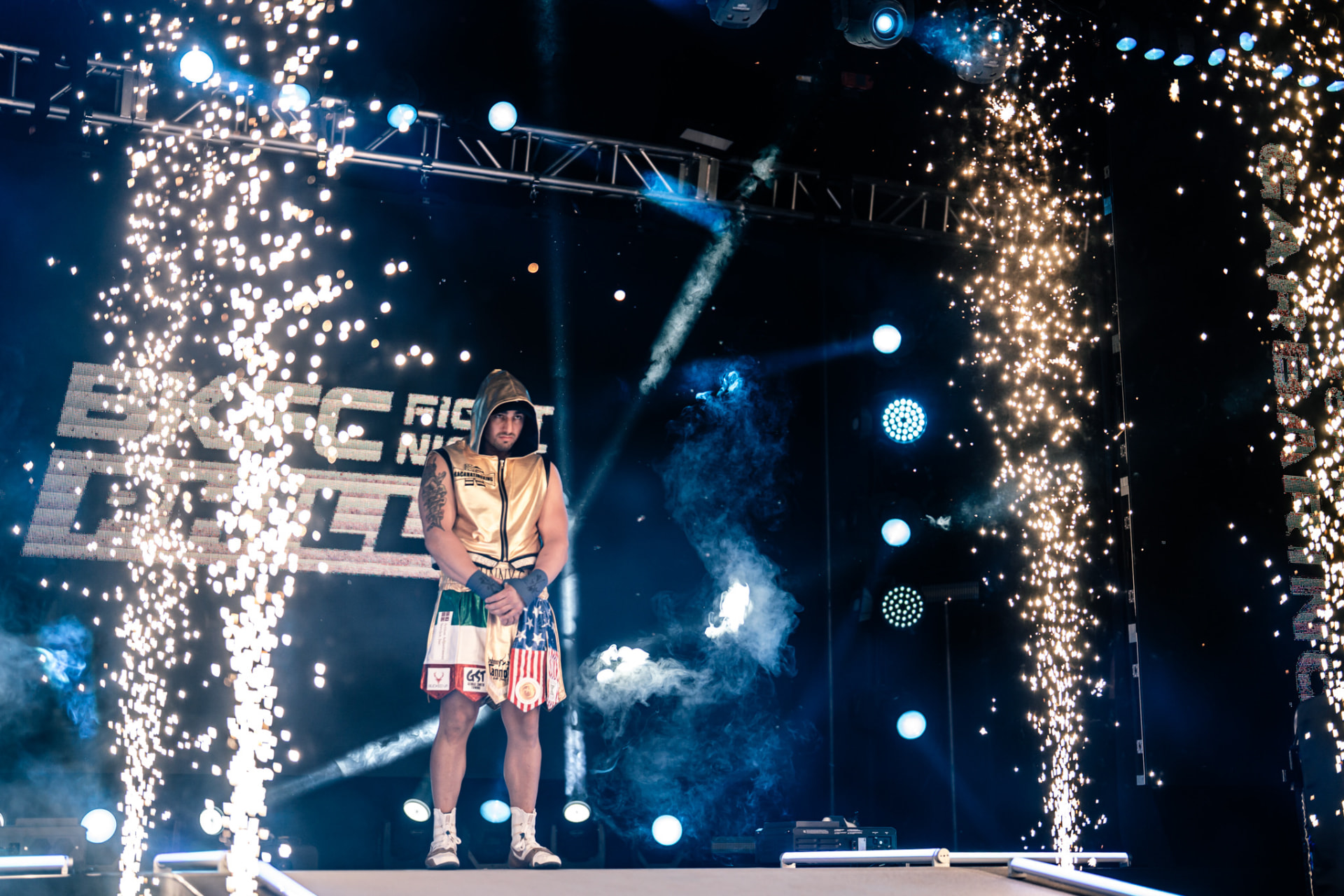 Johnny walking out through pyro at BKFC Fight Night Philly